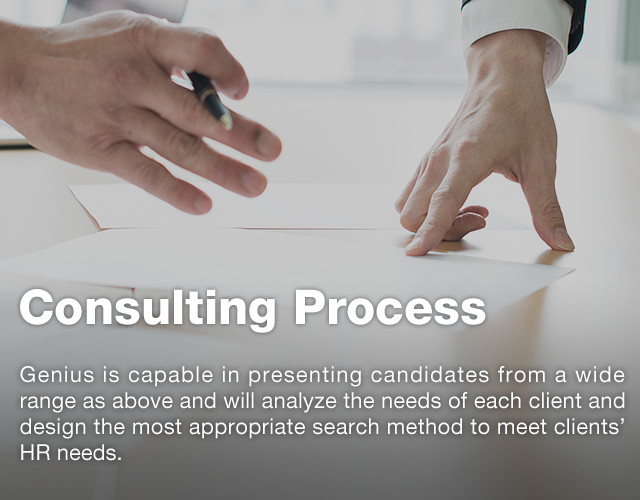 Consulting Process | Genius is capable in presenting candidates from a wide range as above and will analyze the needs of each client and design the most appropriate search method to meet clientsf HR needs.